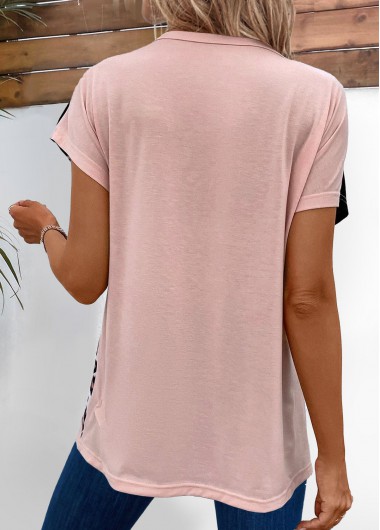 Light Pink tops,Black tops,Leopard tops,ROTITA Patchwork Leopard Light Pink Round Neck T Shirt