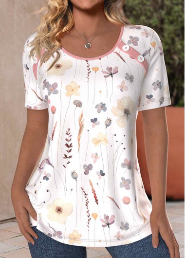 White tops,Floral tops,Plants tops,ROTITA Button Floral Print White Round Neck T Shirt