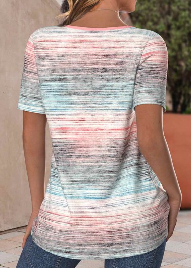 Light Pink tops,Ombre tops,ROTITA Button Ombre Light Pink Round Neck T Shirt