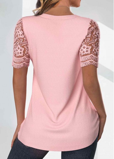 Light Pink tops,Plain Color tops,ROTITA Tuck Stitch Light Pink V Neck T Shirt