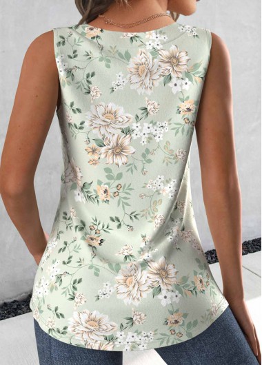 Sage Green tops,Floral tops,Plants tops,ROTITA Tuck Stitch Floral Print Sage Green Sleeveless Tank Top