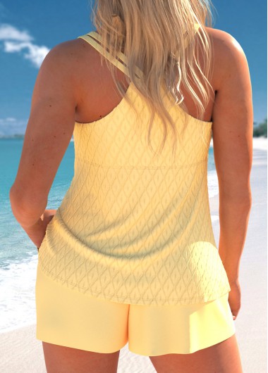 Light Yellow swimwear,Plain Color swimwear,ROTITA Lace Up Light Yellow Pocket Tankini Set