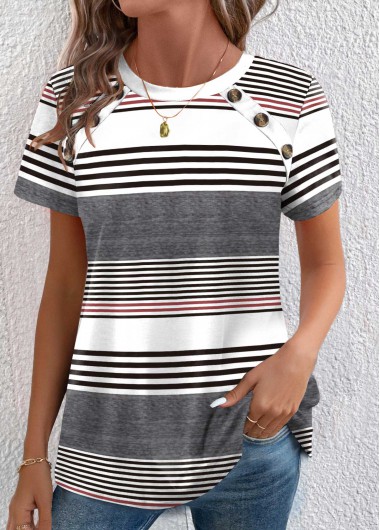 Multi Color tops,Striped tops,Geometric tops,ROTITA Button Striped Multi Color Round Neck T Shirt
