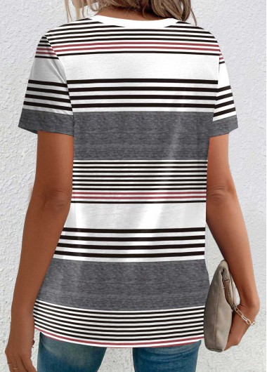 Multi Color tops,Striped tops,Geometric tops,ROTITA Button Striped Multi Color Round Neck T Shirt