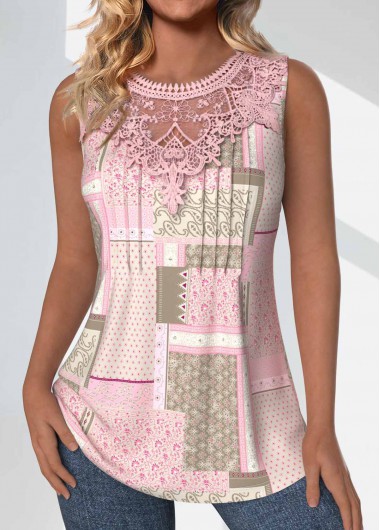 Light Pink tops,Tribal tops,ROTITA Tuck Stitch Patchwork Light Pink Round Neck Tank Top