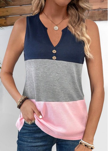 Pink tops,Light Grey Marl tops,Contrast Color tops,ROTITA Button Pink Split Neck Sleeveless Tank Top