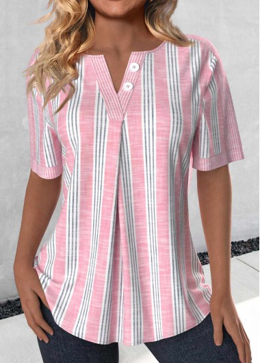 Light Pink tops,Striped tops,Geometric tops,ROTITA Plus Size Button Light Pink Striped Split Neck Blouse