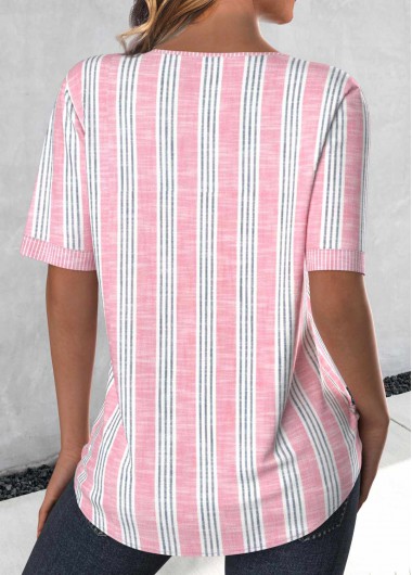 Light Pink tops,Striped tops,Geometric tops,ROTITA Plus Size Button Light Pink Striped Split Neck Blouse