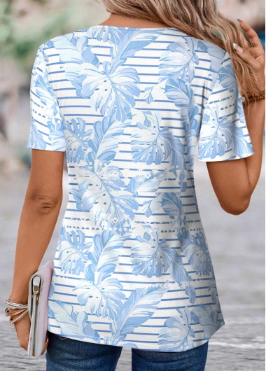 Light Blue tops,Striped tops,Geometric tops,Plants tops,ROTITA Fake 2in1 Striped Light Blue Round Neck T Shirt