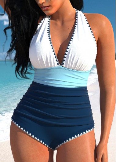 Navy swimwear,White swimwear,Contrast Color swimwear,ROTITA Patchwork Navy Tie One Piece Swimwear