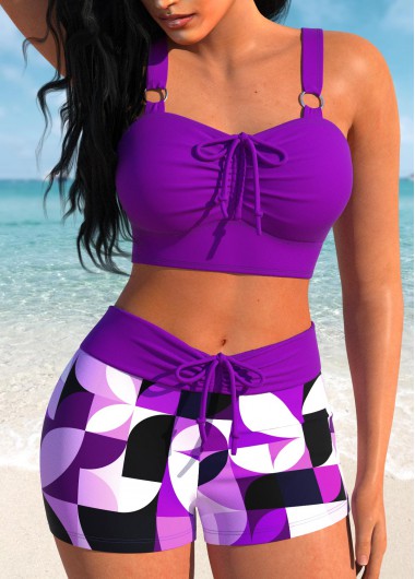 Bowknot Purple Geometric Print Bikini Set