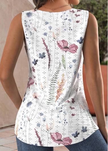 White tops,Floral tops,Plants tops,ROTITA Hole Floral Print White Square Neck Sleeveless Tank Top