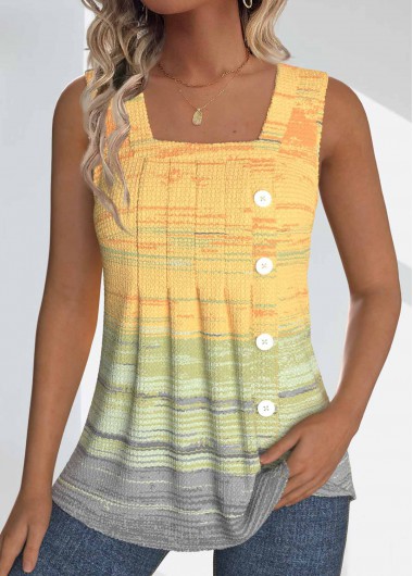 Light Yellow tops,Ombre tops,ROTITA Button Ombre Light Yellow Square Neck Sleeveless Tank Top