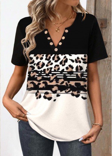 Black tops,Beige tops,Leopard tops,Striped tops,Geometric tops,Animal Print tops,ROTITA Button Leopard Black Split Neck Short Sleeve T Shirt