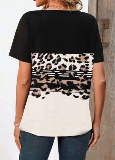 Black tops,Beige tops,Leopard tops,Striped tops,Geometric tops,Animal Print tops,ROTITA Button Leopard Black Split Neck Short Sleeve T Shirt