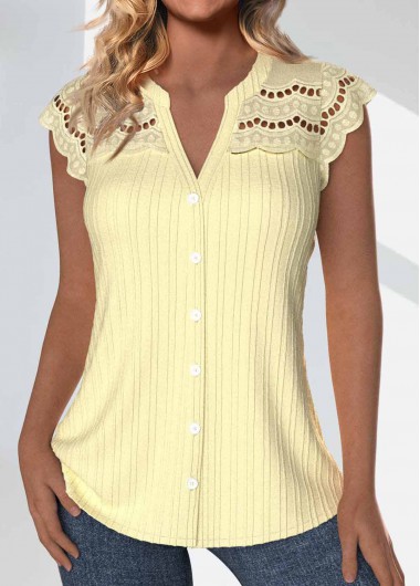 Light Yellow tops,Plain Color tops,ROTITA Button Light Yellow Split Neck Short Sleeve Blouse