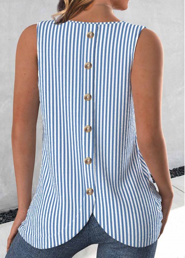 Blue tops,White tops,Striped tops,Geometric tops,ROTITA Button Striped Blue Round Neck Sleeveless Tank Top