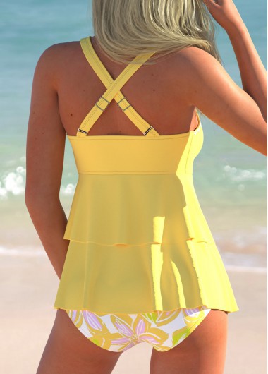 Light Yellow swimwear,Floral swimwear,Plants swimwear,ROTITA Layered Light Yellow Floral Print Tankini Set