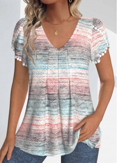 Light Pink tops,Ombre tops,ROTITA Textured Fabric Ombre Light Pink V Neck T Shirt