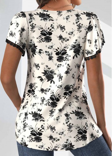 Black tops,Beige tops,Plants tops,Floral tops,ROTITA Ruched Random Floral Print Black V Neck T Shirt