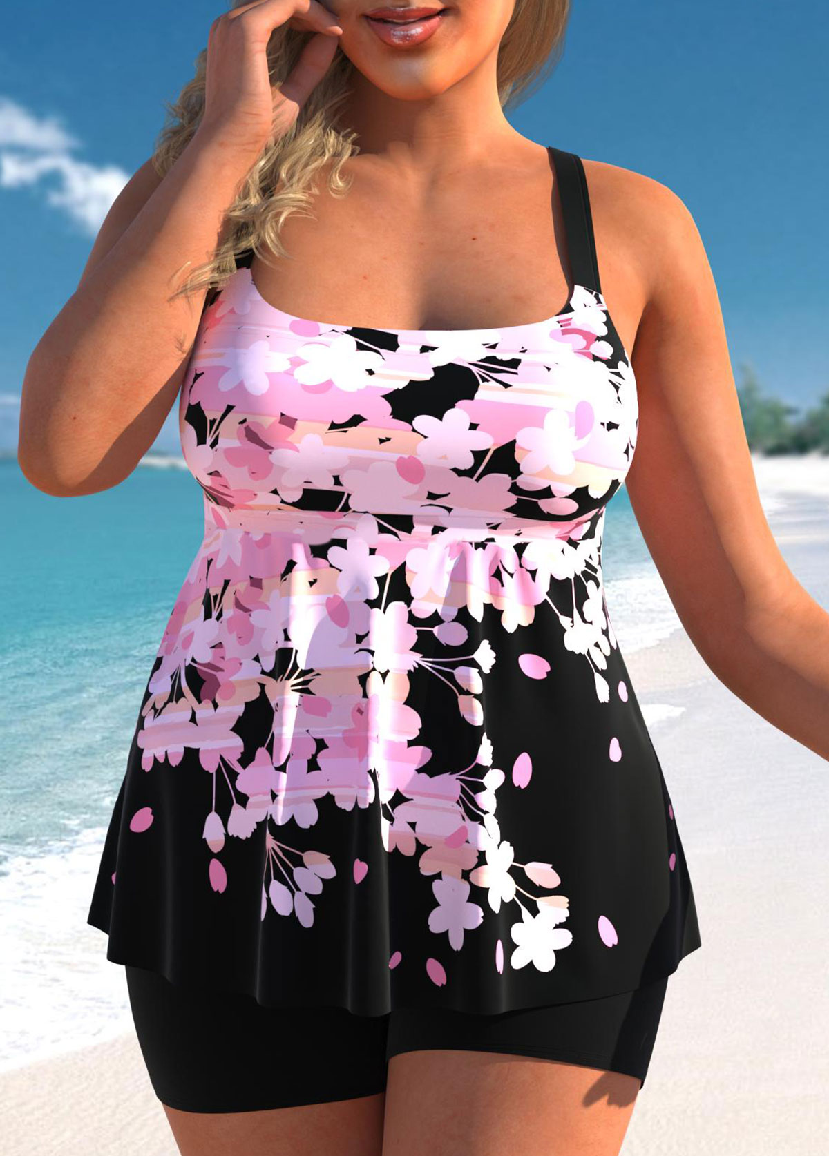 Pink swimwear,Floral swimwear,ROTITA Floral Print Wide Strap Pink Tankini Top