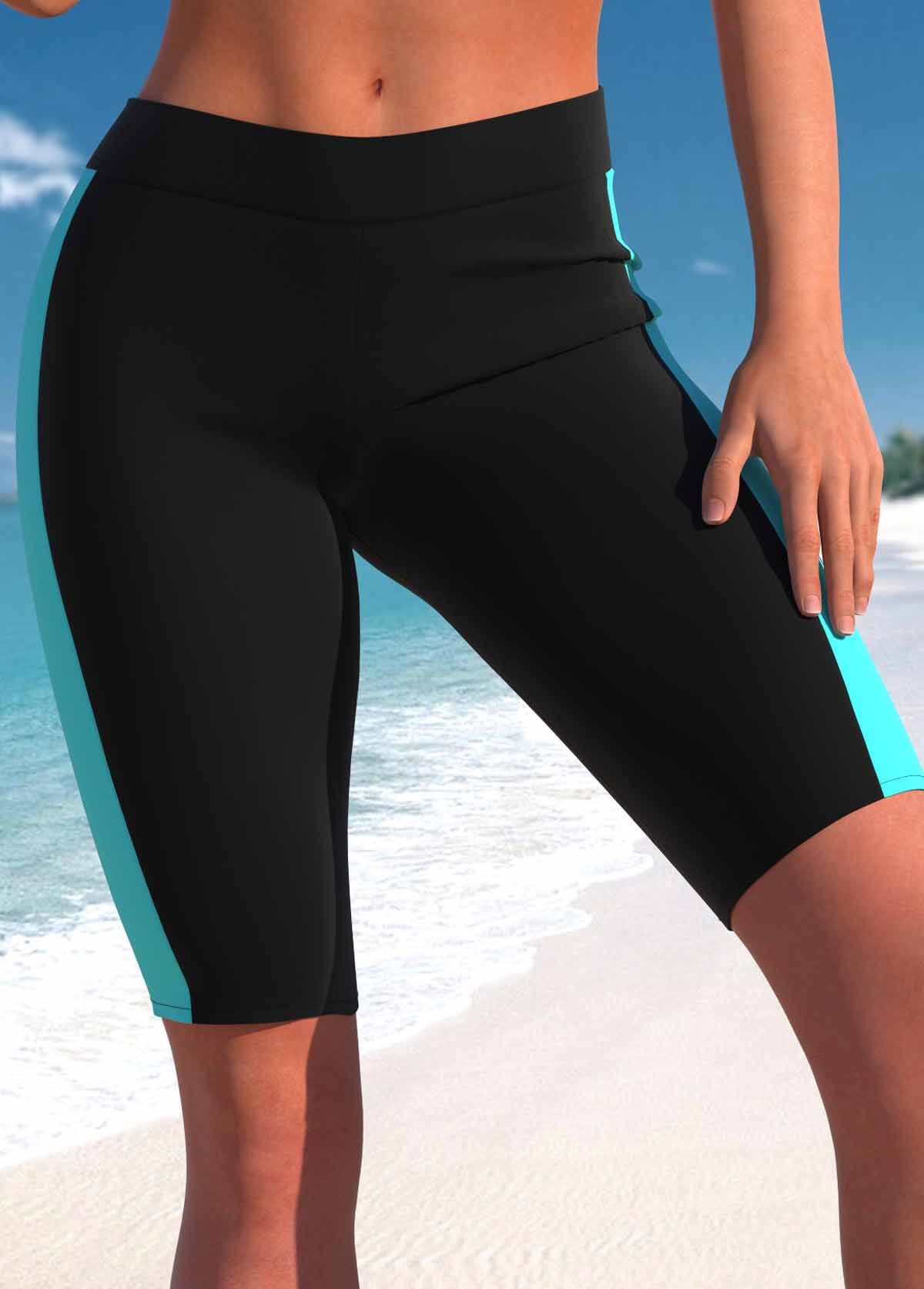 Cyan swimwear,Black swimwear,Plants swimwear,Striped swimwear,Geometric swimwear,ROTITA Zipper Cyan Plants Print Mid Waisted Tankini Set