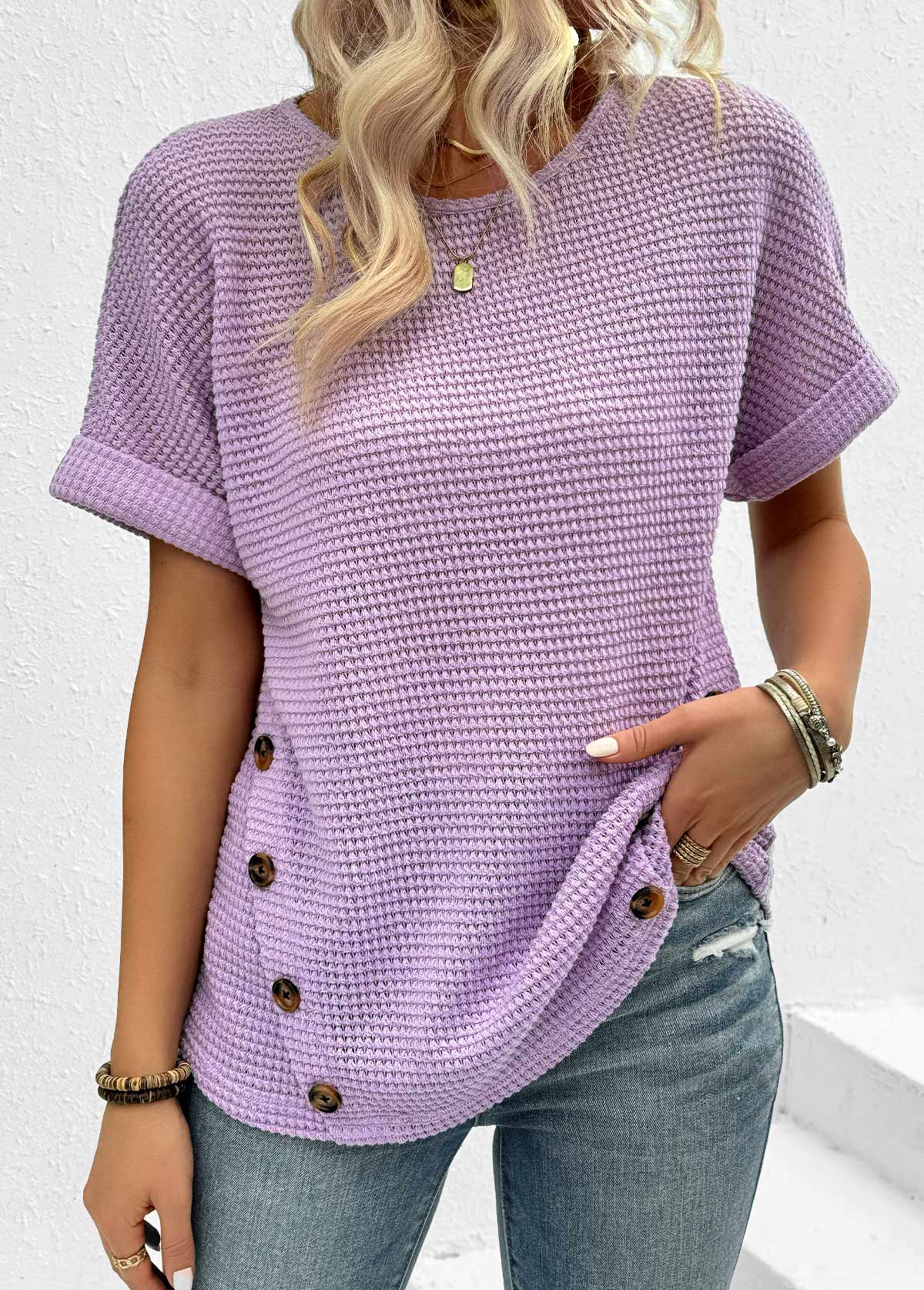 ROTITA Button Light Purple Round Neck Short Sleeve T Shirt