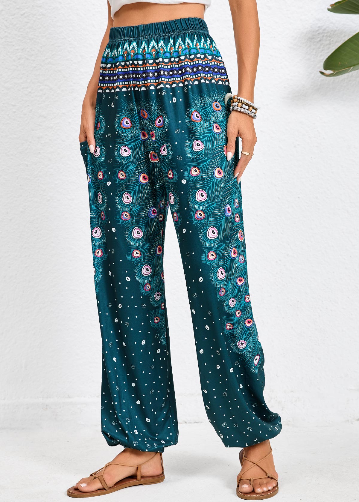pantalon de jogging turquoise imprimé plumes à poche taille élastique