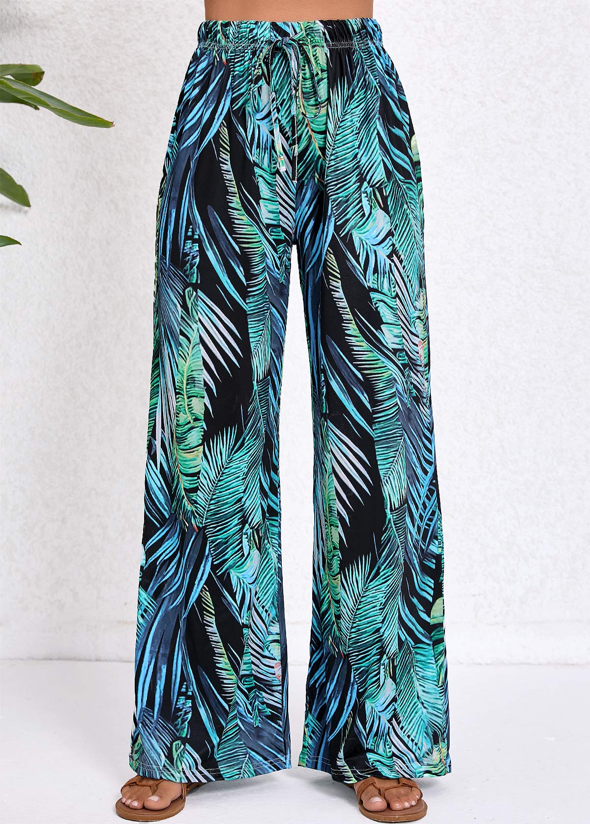Pocket Tropical Plants Print Turquoise Elastic Waist Pants