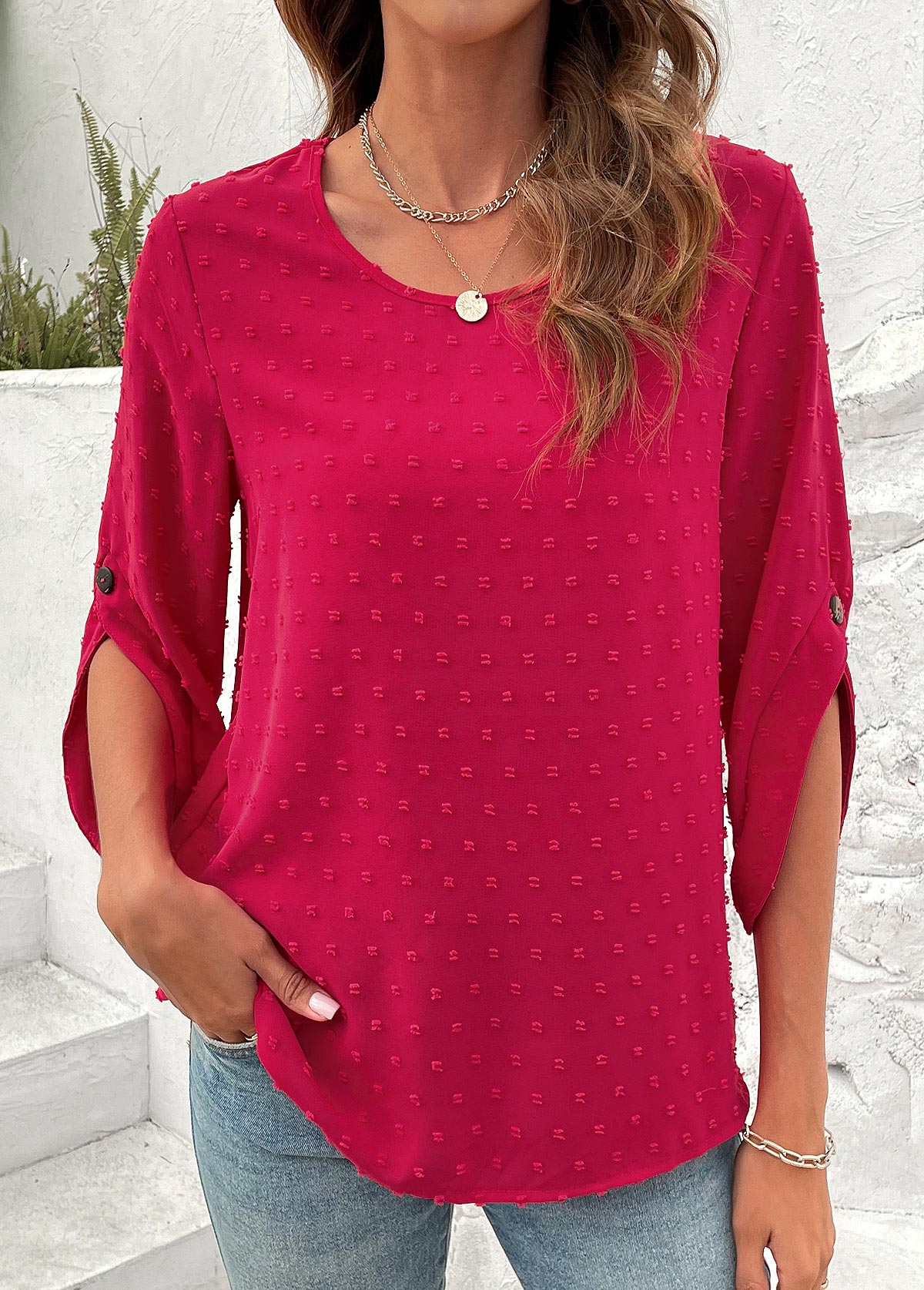 Button Hot Pink Round Neck 3/4 Sleeve Blouse
