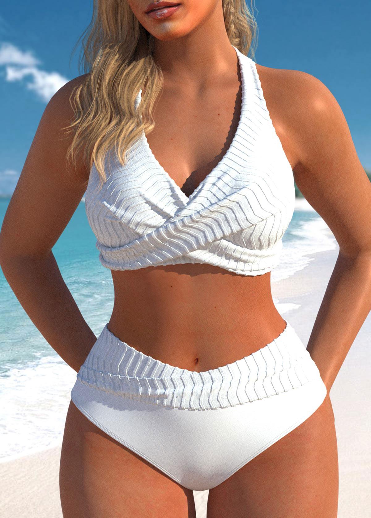 White swimwear,Plain Color swimwear,ROTITA Criss Cross Tie Back White Bikini Set