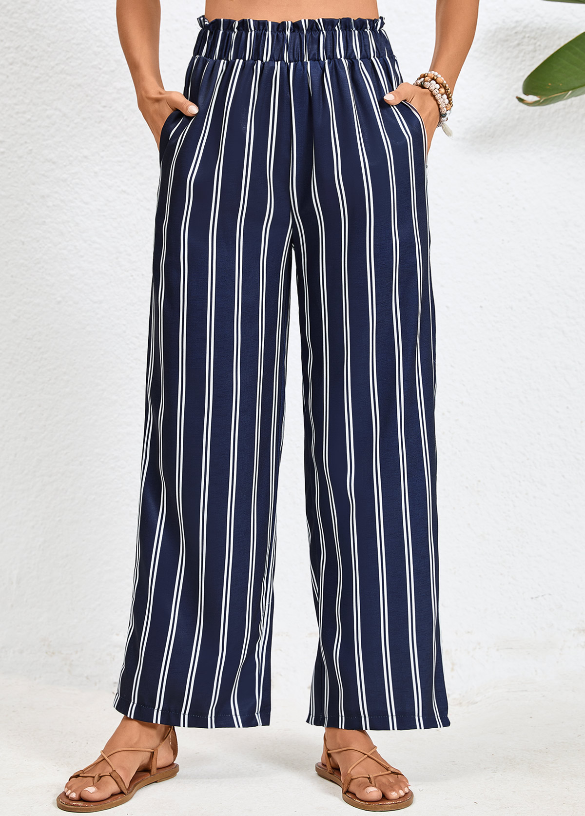 Double Side Pockets Striped Navy Elastic Waist Pants