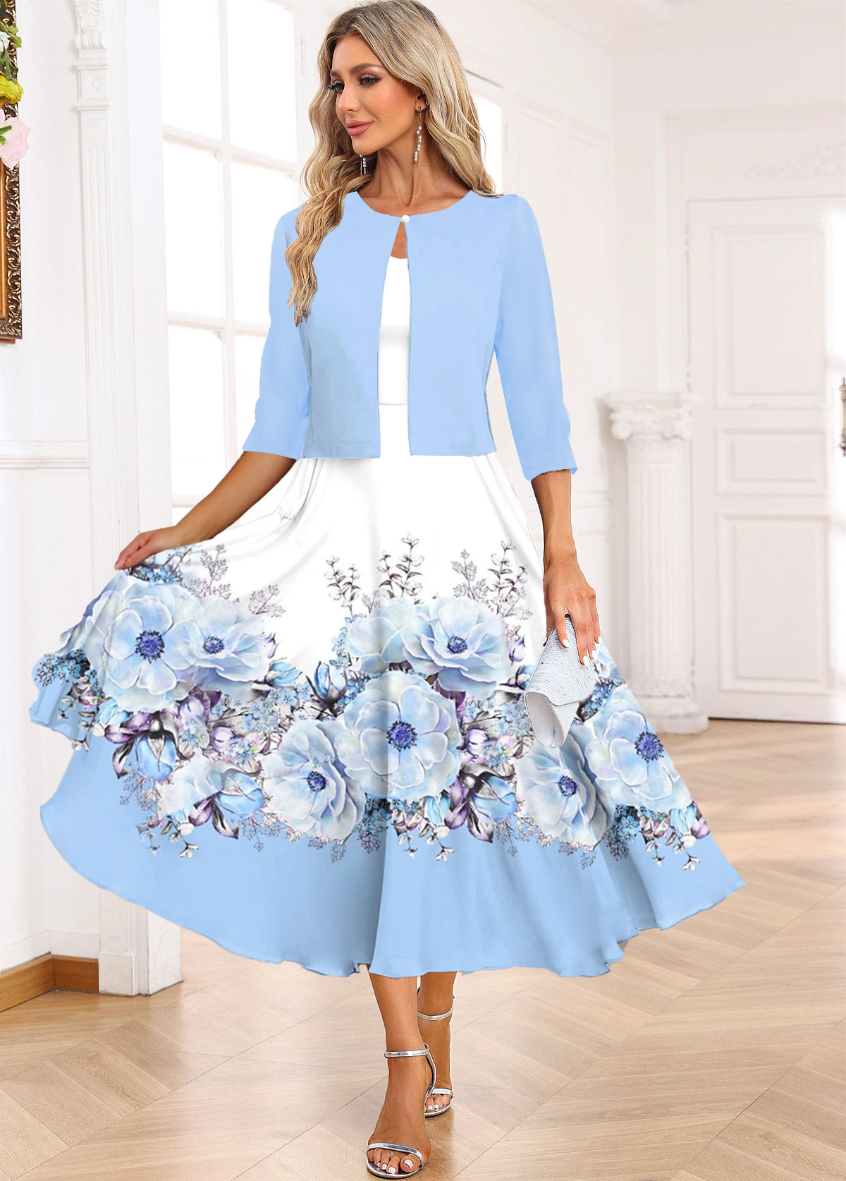 Rotita - Robe et cardigan bleu clair à imprimé floral deux pièces