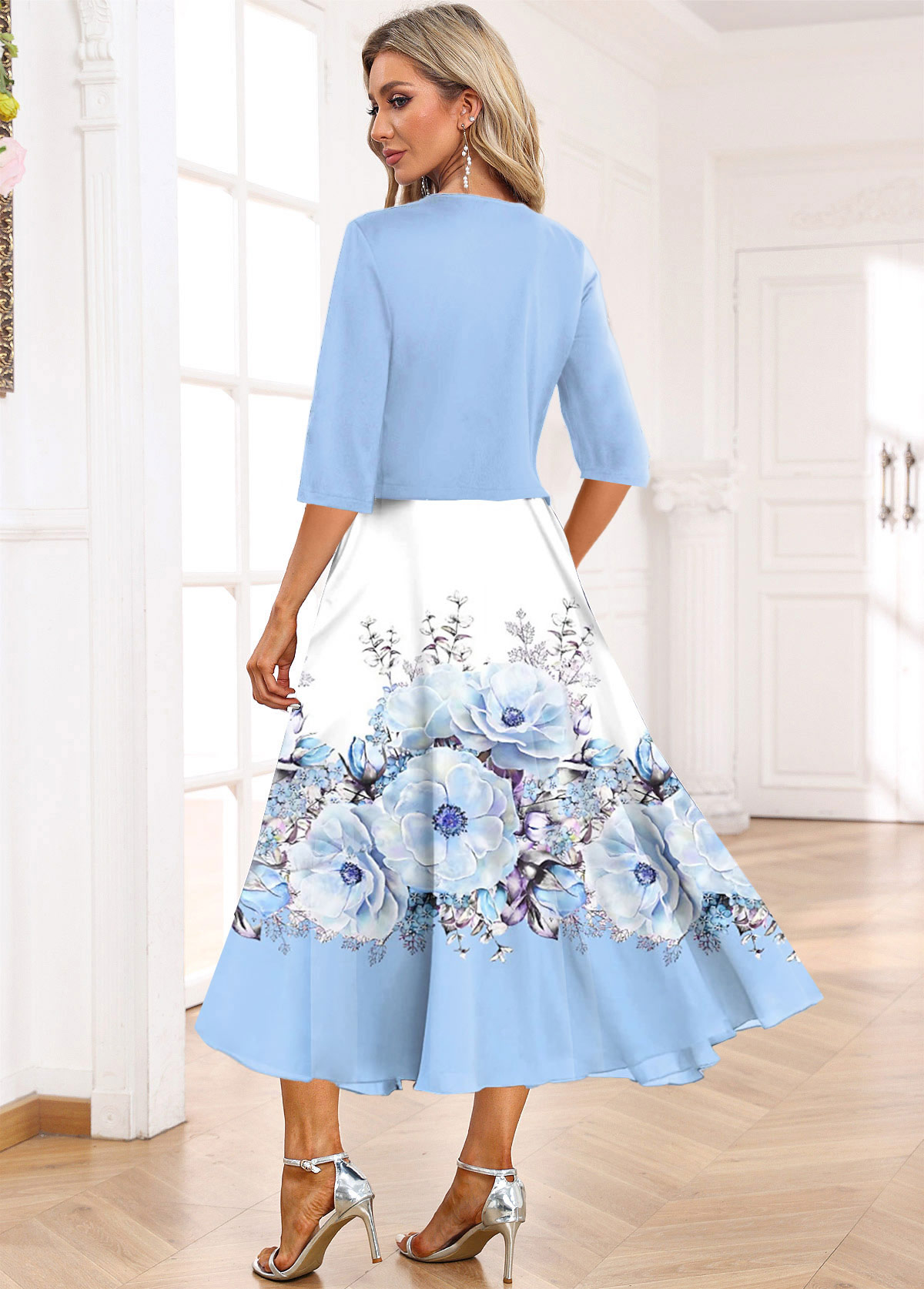 Light Blue dresses,White dresses,Floral dresses,Plants dresses,Party dresses,Elegant dresses,ROTITA Two Piece Floral Print Light Blue Dress and Cardigan