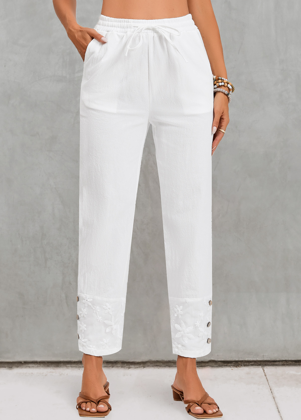 pantalon taille haute blanc avec poche et taille élastique