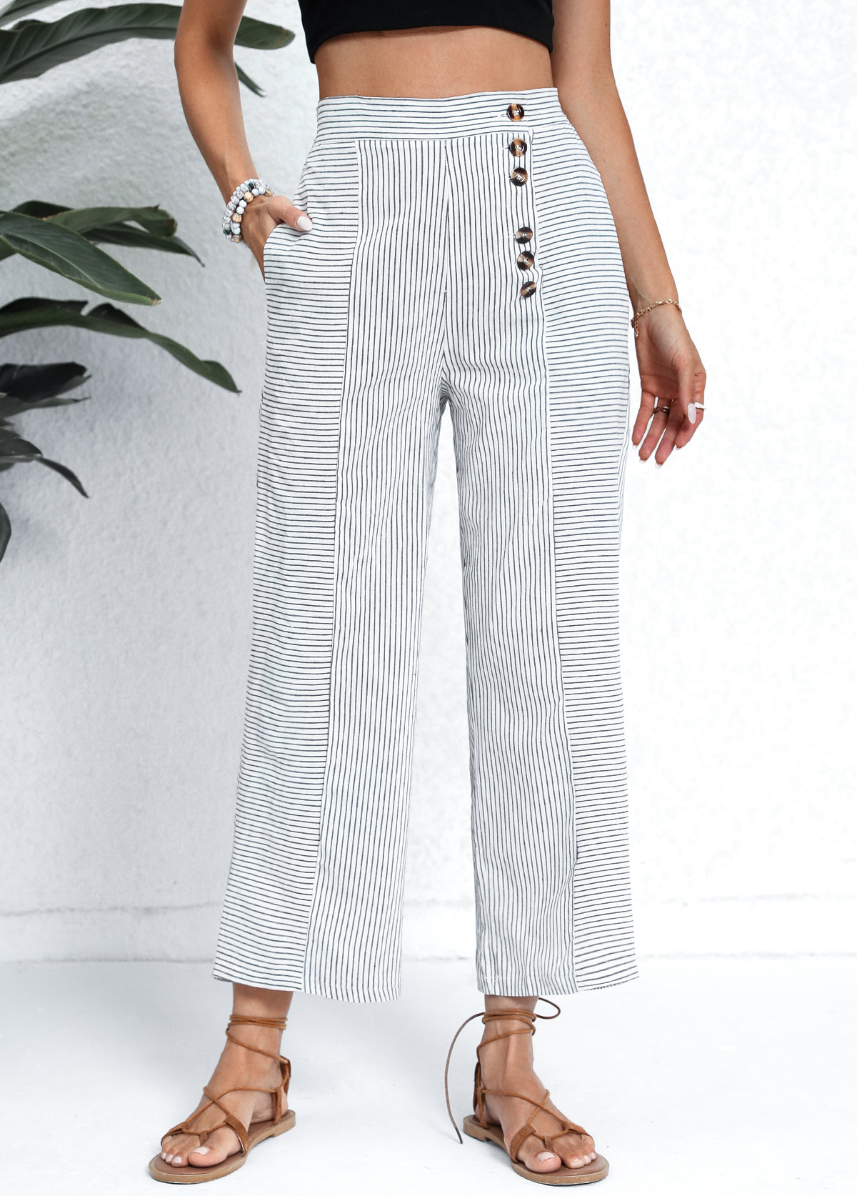 Pocket Striped White Button Fly High Waisted Pants