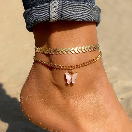 Butterfly Leaf Gold Layered Alloy Anklets