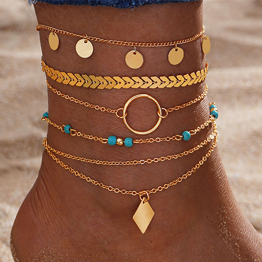 Gold Alloy Patchwork Layered Geometric Anklets