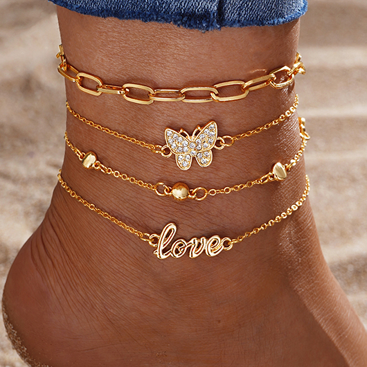 Butterfly Layered Gold Letter Alloy Anklets
