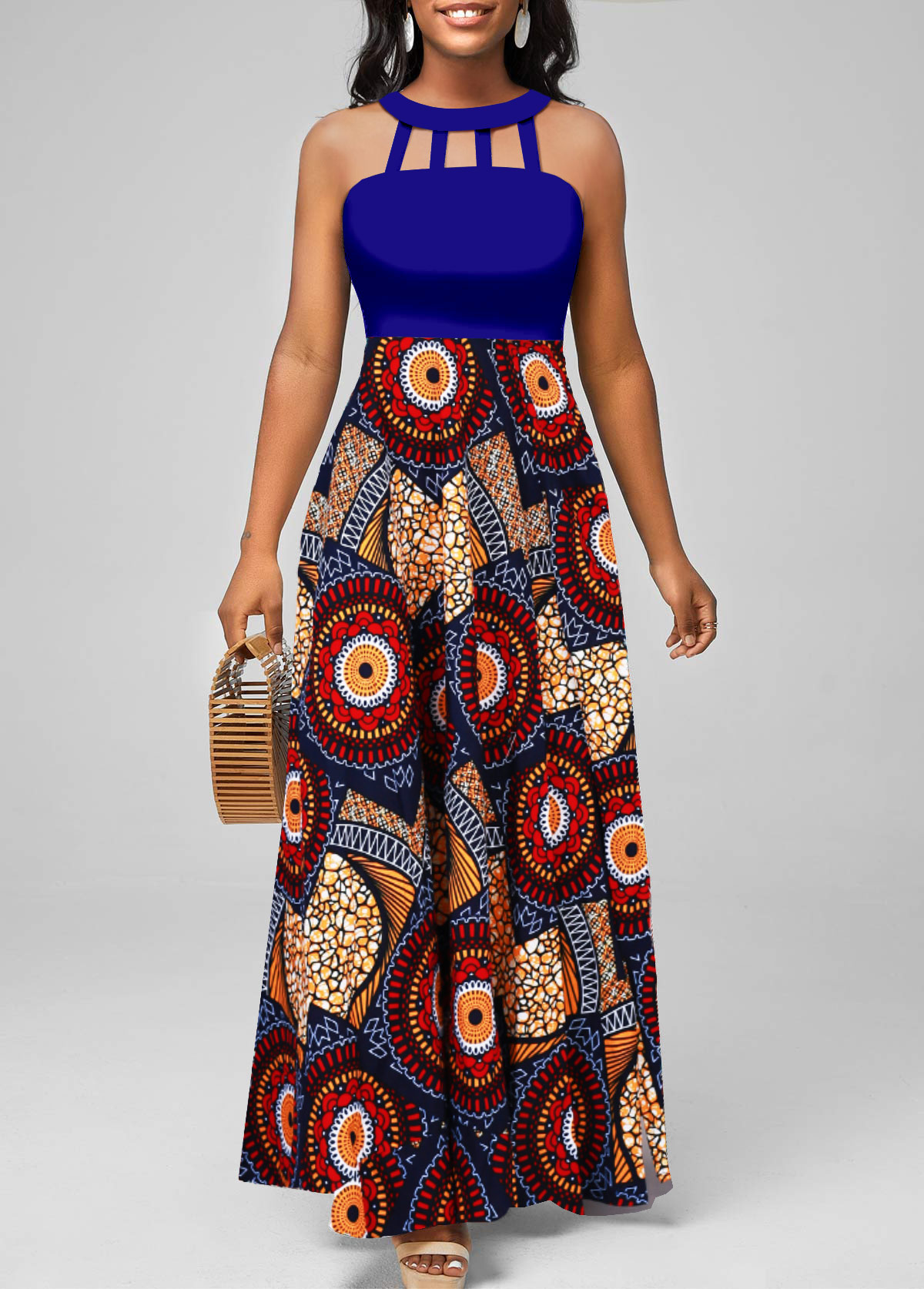 ROTITA Cage Neck African Tribal Print Navy Sleeveless Maxi Dress