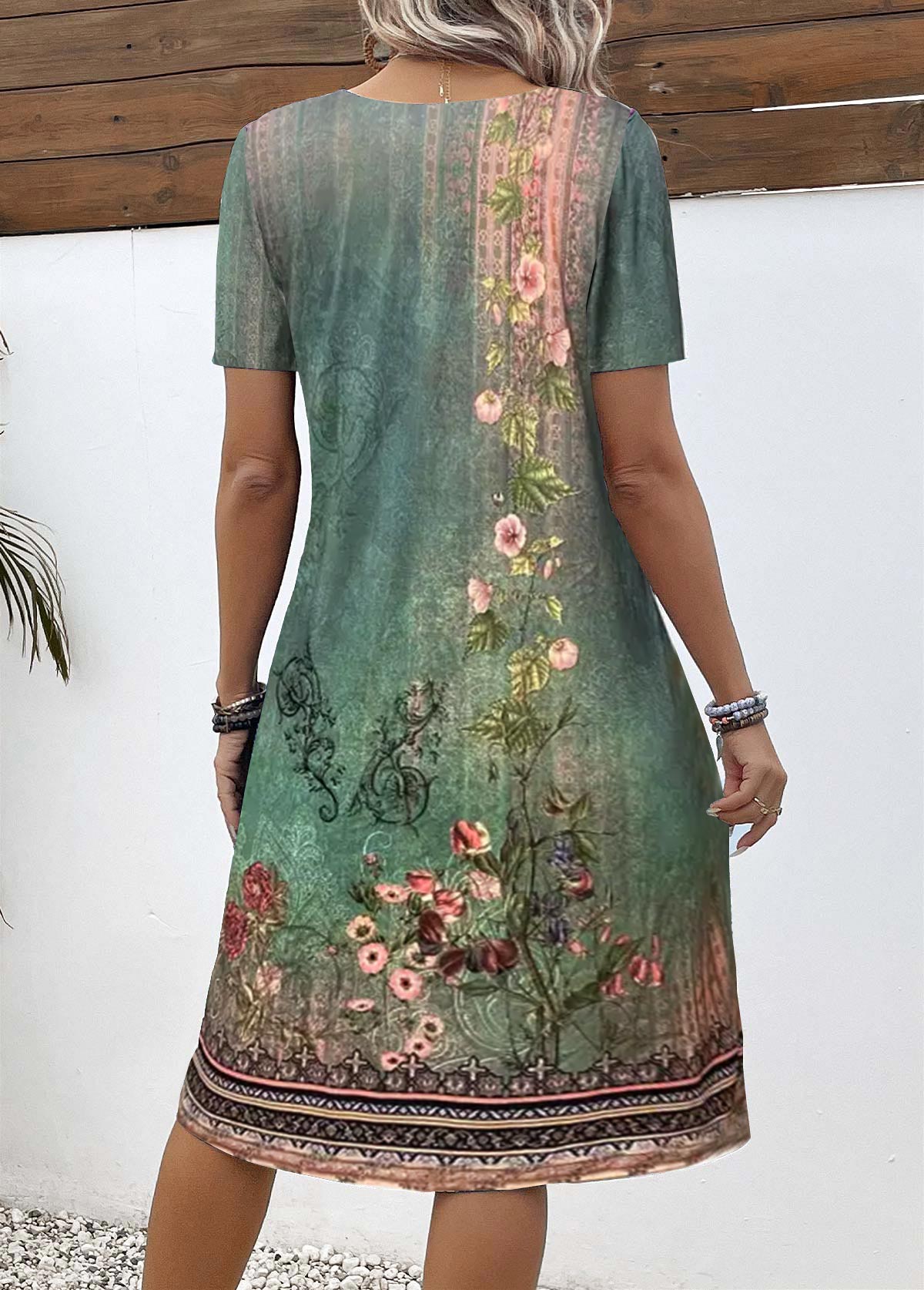 Green plus size,Floral plus size,Plants plus size,ROTITA Plus Size Tummy Coverage Green Floral Print Dress