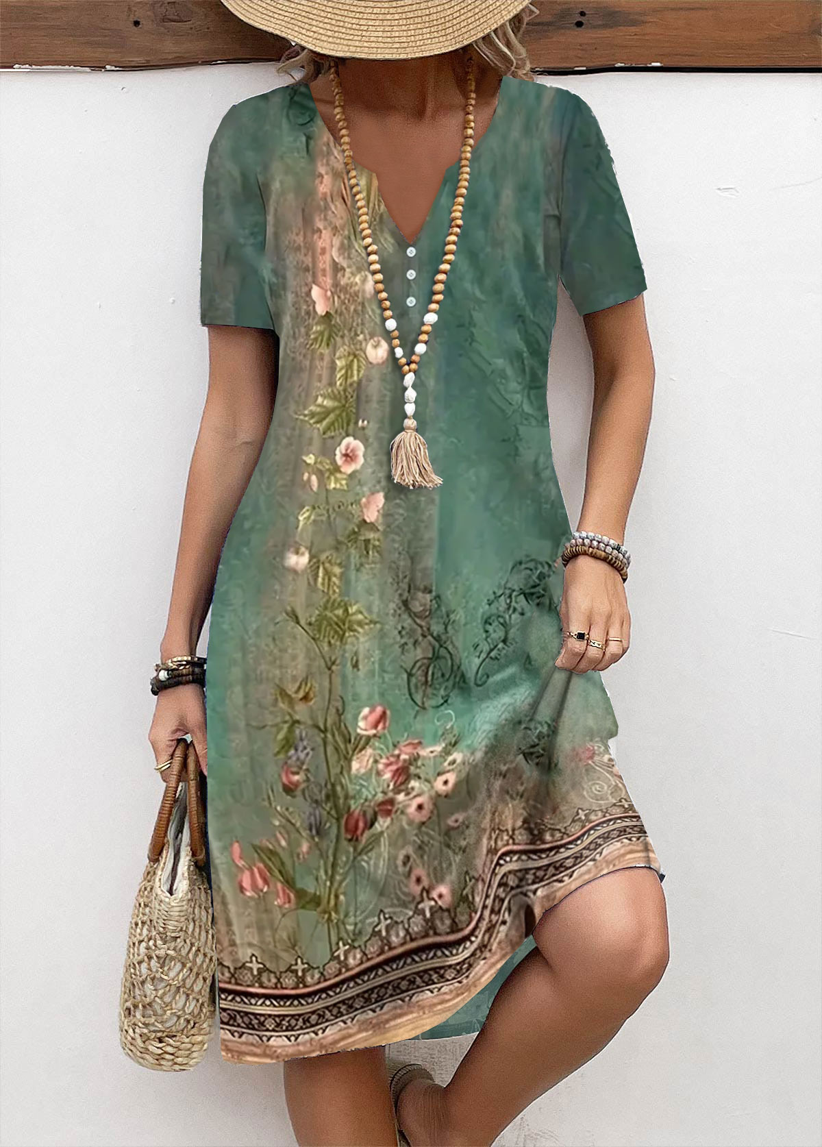 Green plus size,Floral plus size,Plants plus size,ROTITA Plus Size Tummy Coverage Green Floral Print Dress
