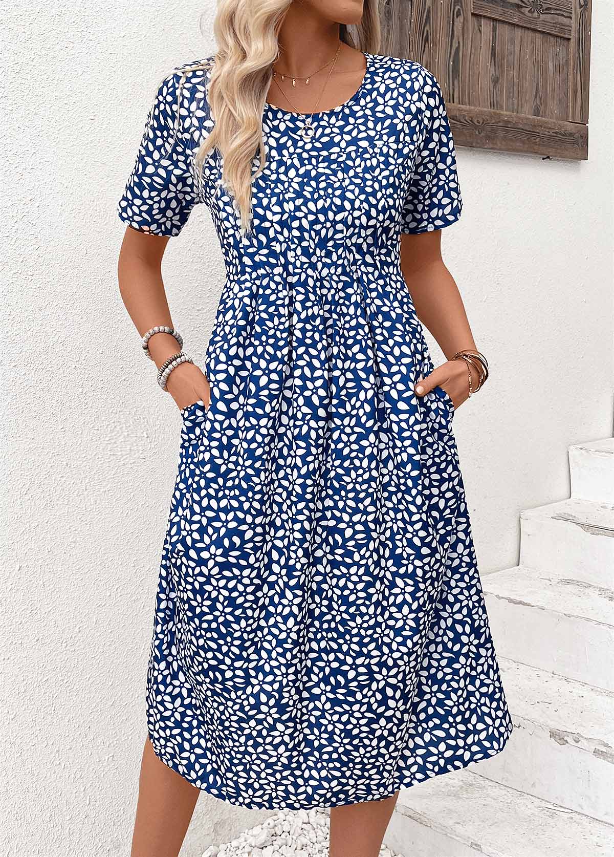 robe bleu marine à col rond et imprimé floral avec poches