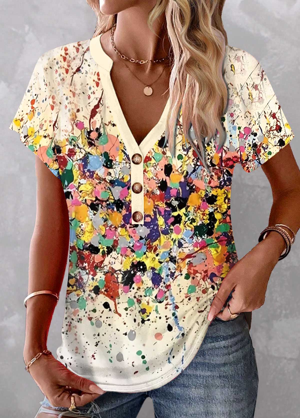 ROTITA Patchwork Dazzle Colorful Print Multi Color T Shirt