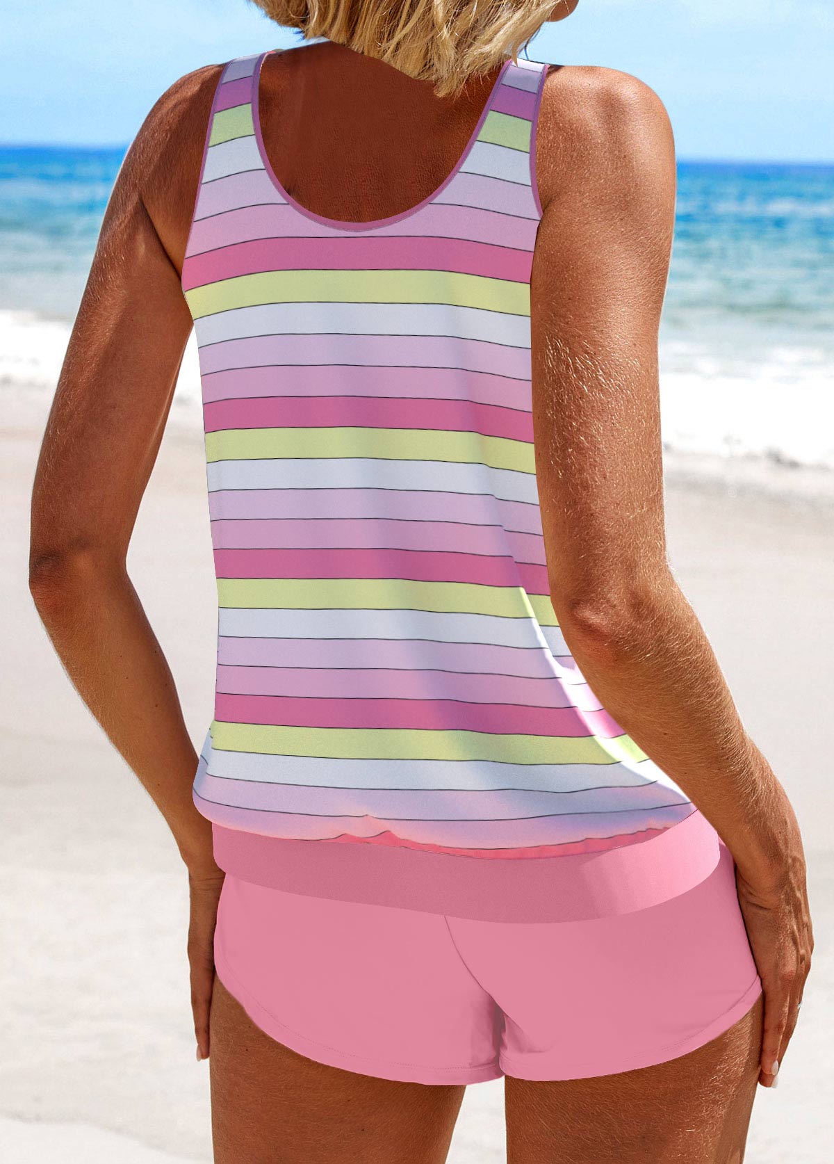 Pink swimwear,Striped swimwear,Geometric swimwear,ROTITA Patchwork Pink Multi Stripe Print Tankini Set