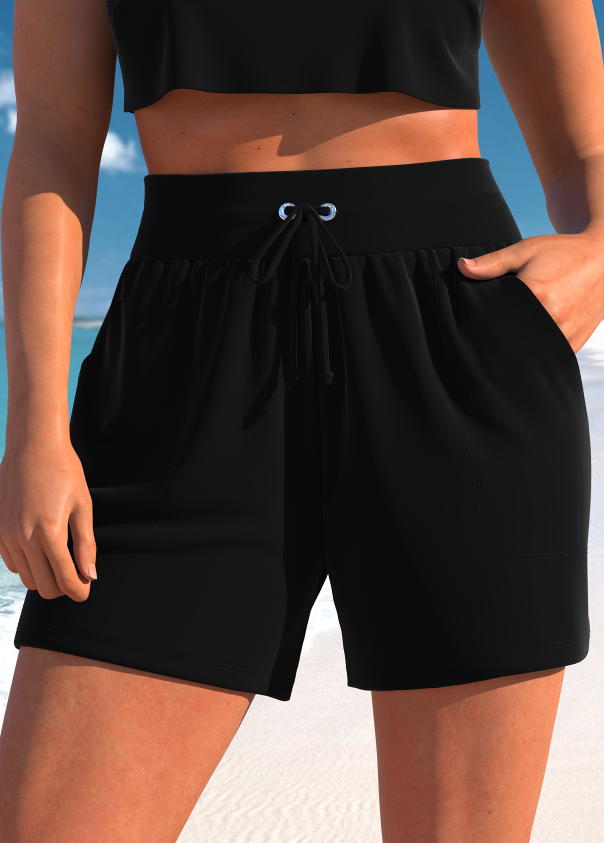 Rotita schwarze leichte hoch taillierte Strandshorts