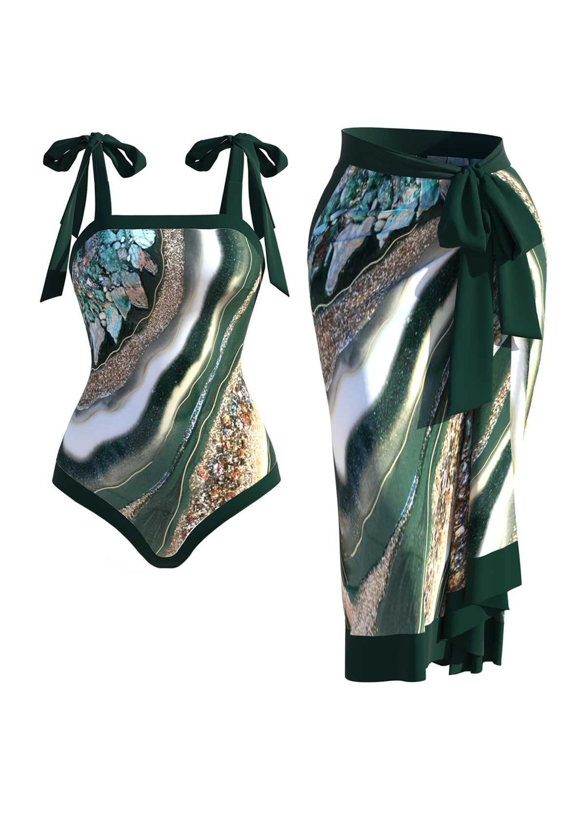 ROTITA Green Marble Print One Piece Swimwear and Cover Up