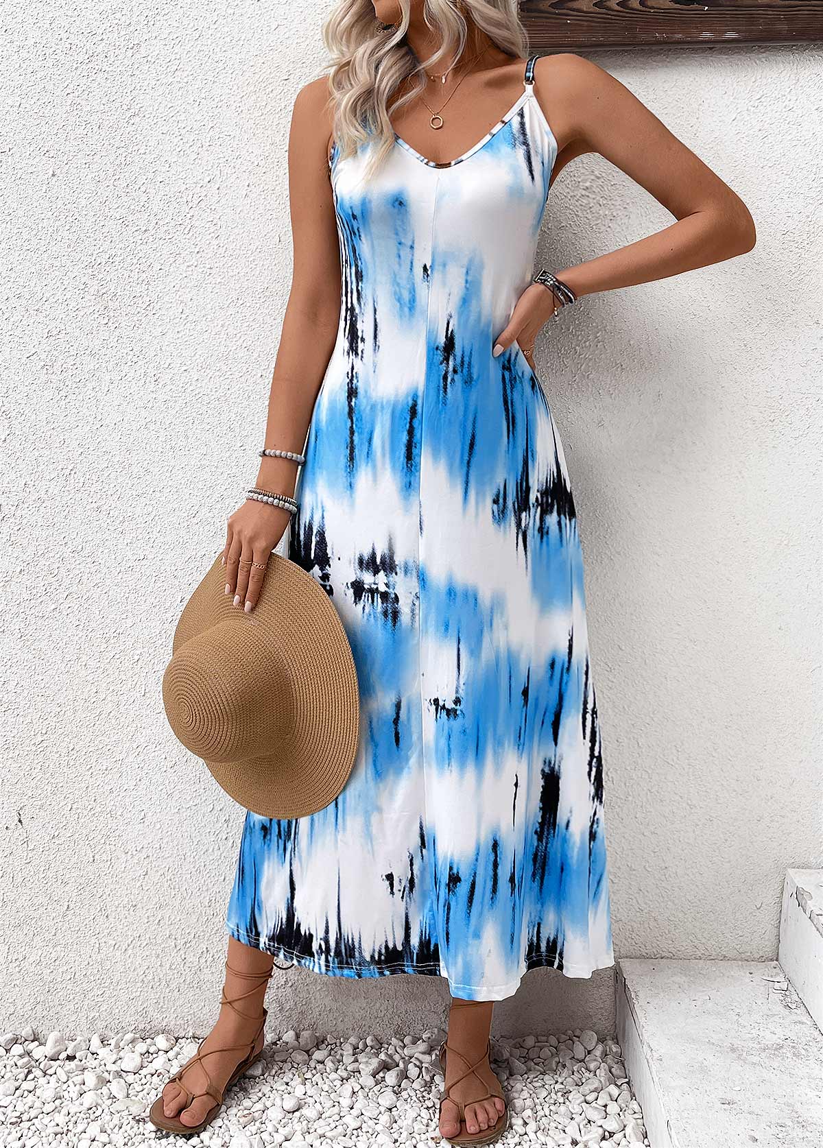 Lightweight Tie Dye Print Sky Blue Strappy Maxi Dress