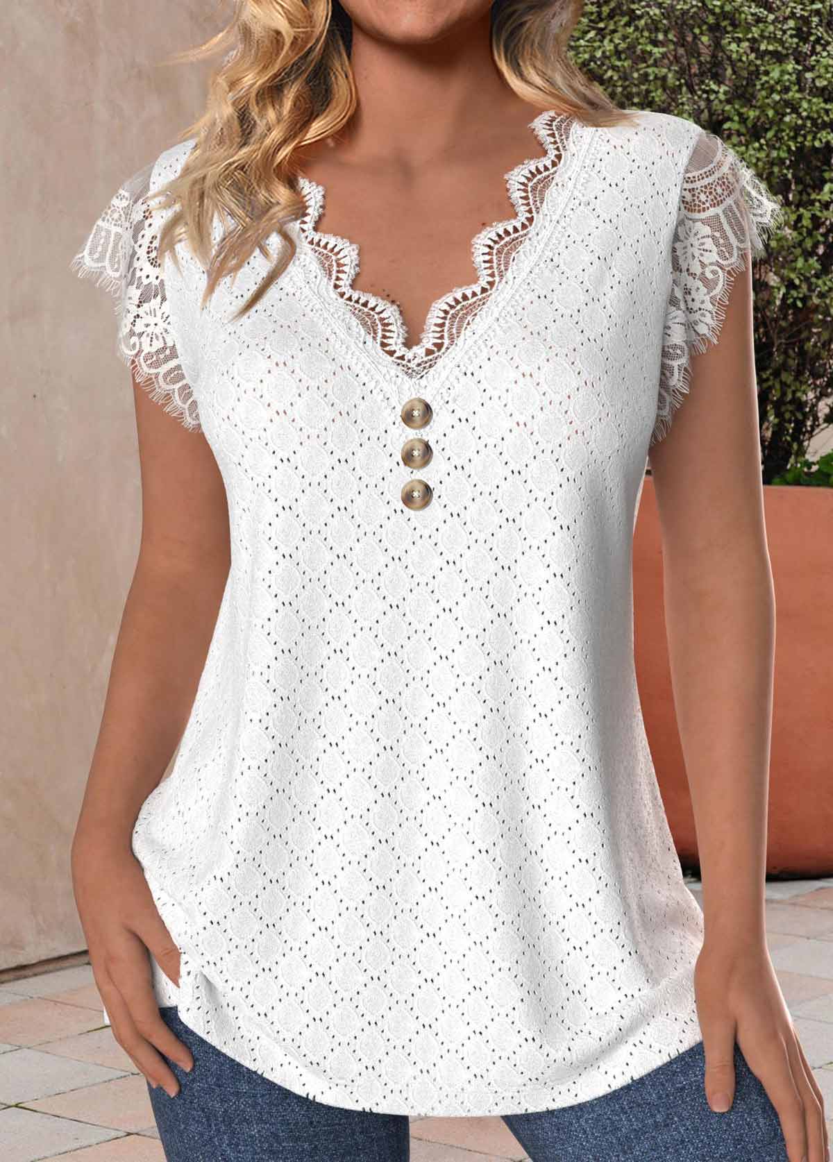 White tops,Plain Color tops,ROTITA Lace White V Neck Tank Top