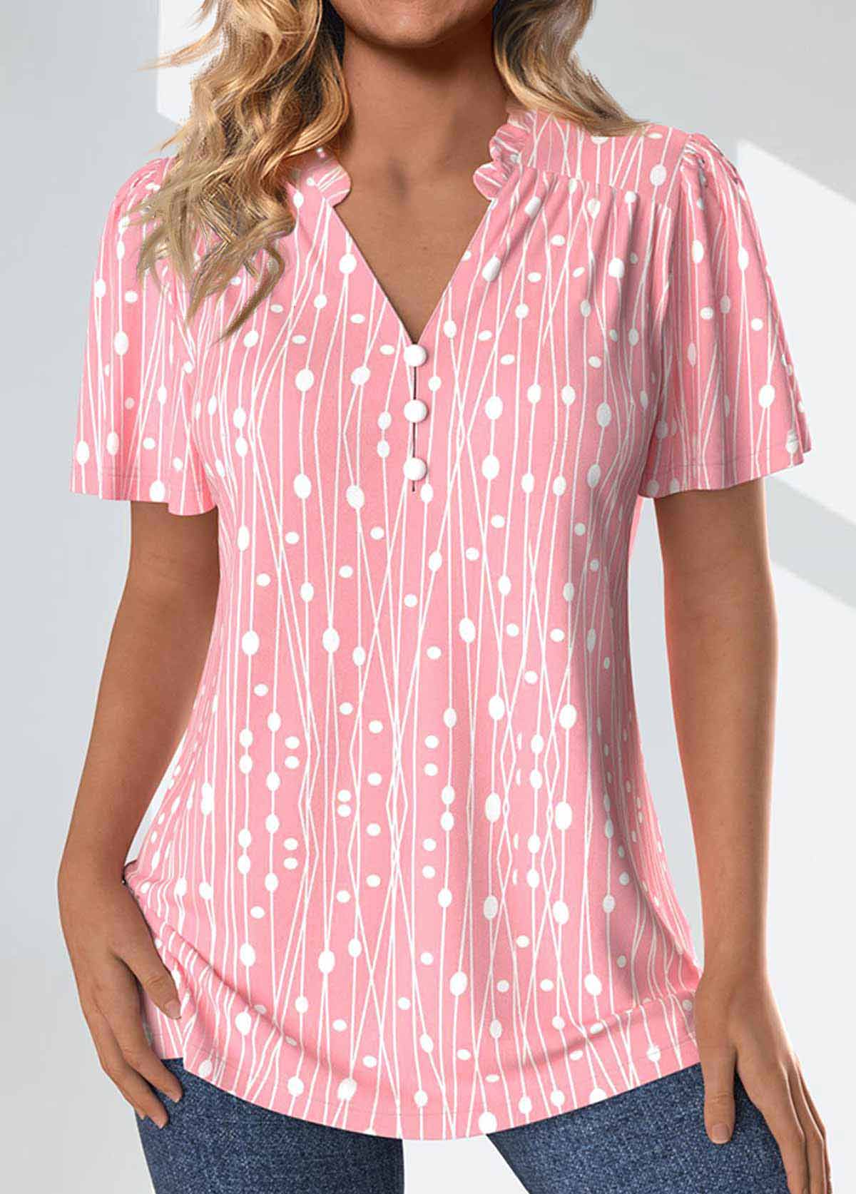 ROTITA Frill Geometric Print Pink Split Neck Short Sleeve Blouse